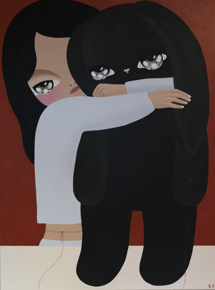 Akai Ito, painting of a girl hugging a black plush figure against a red background