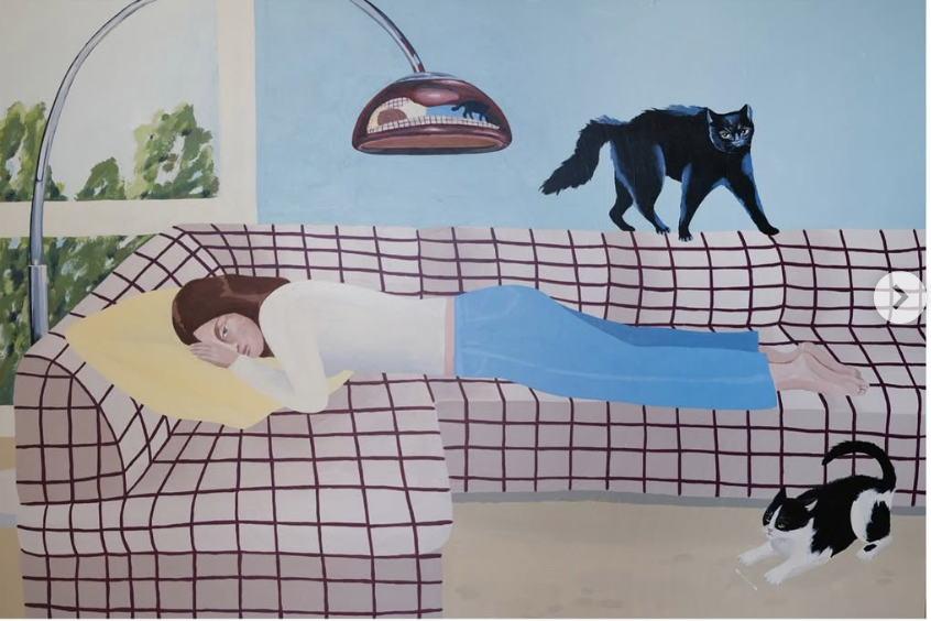 Now I’m Horizontal, acrylic painting of a girl lying on a couch with two cats