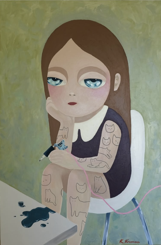 Playing tattoo artist III, acrylic painting of a girl sitting with a tattoo machine and cat tattoos