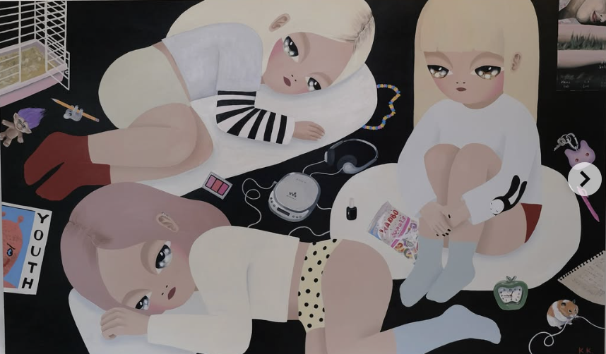 Sleepover, acrylic painting of three girls lying on a black floor with small objects around them
