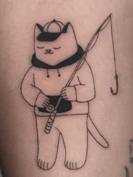 Fine-line tattoo of a cat holding a fishing rod
