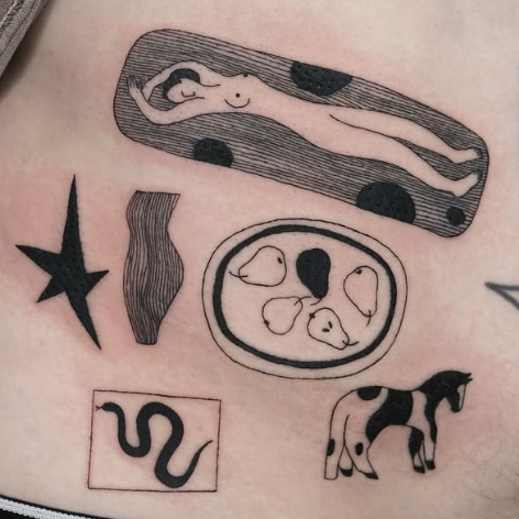 Linework flash tattoo sheet with a sleeping figure, star, dish, snake, and horse