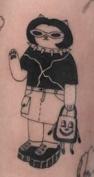 Linework tattoo of a cat-girl in sunglasses holding a pumpkin bag