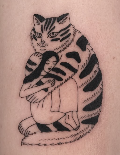 Linework tattoo of a large striped cat holding a seated woman