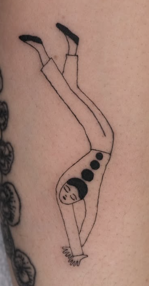Linework tattoo of an upside-down acrobat figure