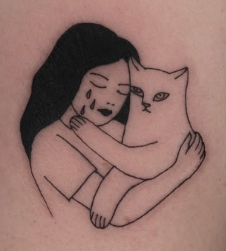 Linework tattoo of a crying girl hugging a cat