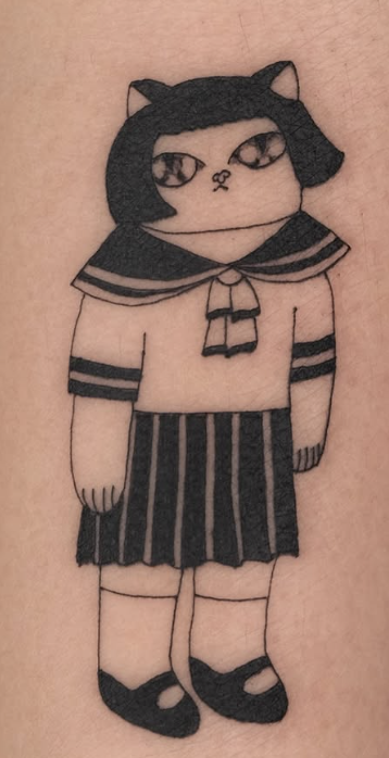 Linework tattoo of a sailor-uniform cat-girl