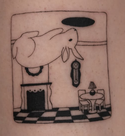 Linework tattoo of a rabbit floating in a room