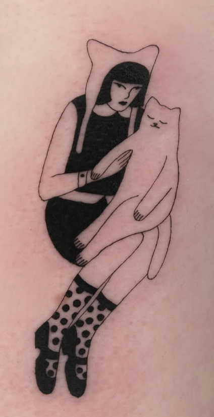 Linework tattoo of a hooded girl holding a cat