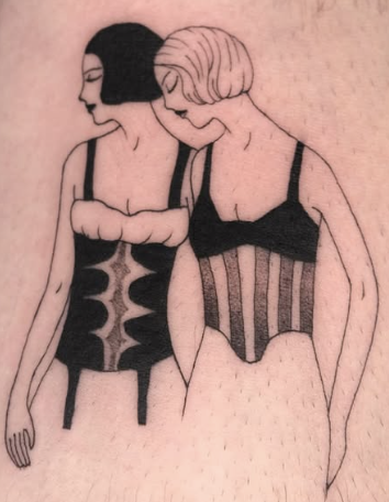 Linework tattoo of two women in corset tops