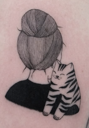Linework tattoo of a woman from behind with a cat leaning against her