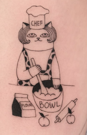 Linework tattoo of a chef cat mixing a bowl