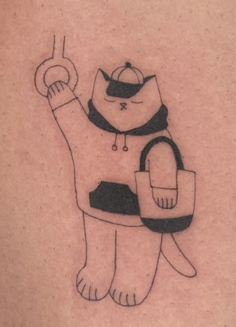 Linework tattoo of a cat commuter holding a rail