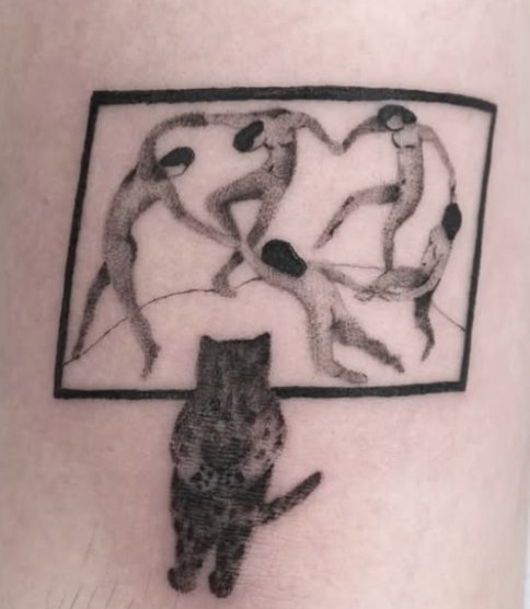Stippled tattoo of a cat looking at a Matisse painting