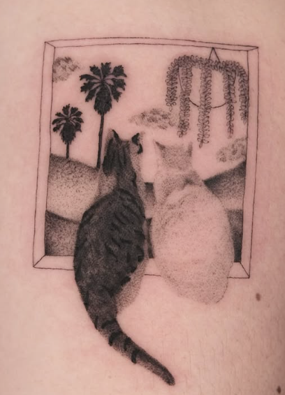 Soft shaded tattoo of two cats looking out a window