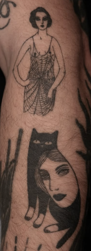 Soft shaded tattoo of a woman above a black cat and a portrait