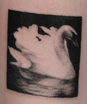 Soft shaded tattoo of a swan in a black square