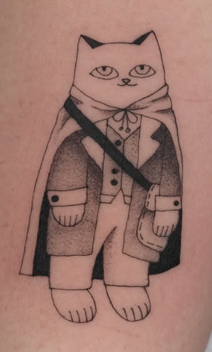 Shaded tattoo of a cat in a cape and suit