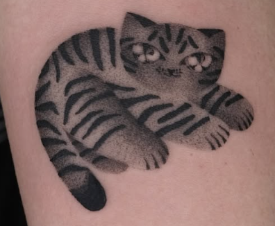 Shaded tattoo of a reclining striped cat
