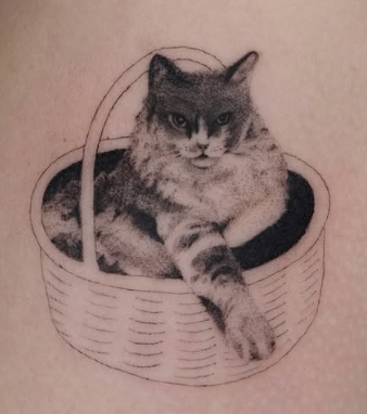 Shaded tattoo of a realistic cat sitting in a basket