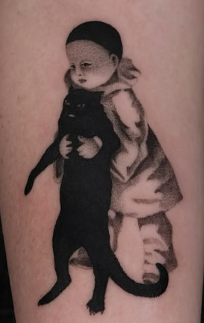 Shaded tattoo of a doll-like figure holding a black cat