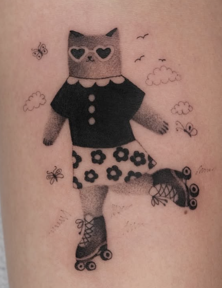 Shaded tattoo of a roller skating cat-girl with heart eyes