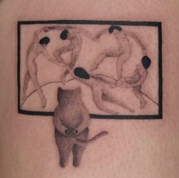 Shaded tattoo of a cat looking at a framed rabbit painting